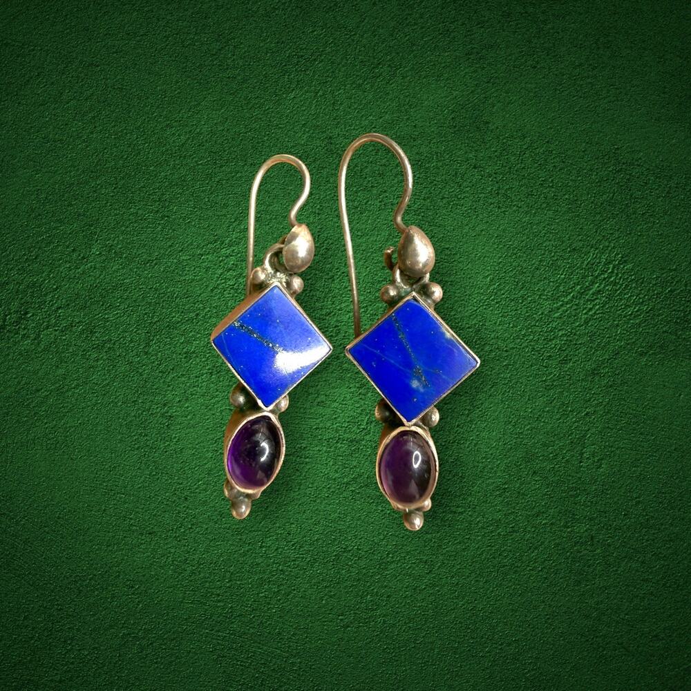 Vintage 925 Sterling Silver Lapis Lazuli Amethyst Dangle Earrings 4.8g